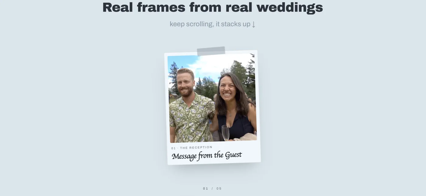 The redesigned Captured by Friends hero: a bold left-aligned headline reading your moments, captured by your friends, crafted by us, with a taped polaroid of two bridesmaids on the right and a book your camcorder button.