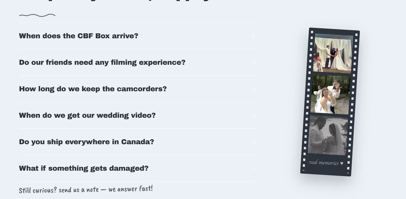 The FAQ section: a column of expandable questions on the left, and on the right a vertical strip of camcorder film holding three wedding stills, captioned real memories.
