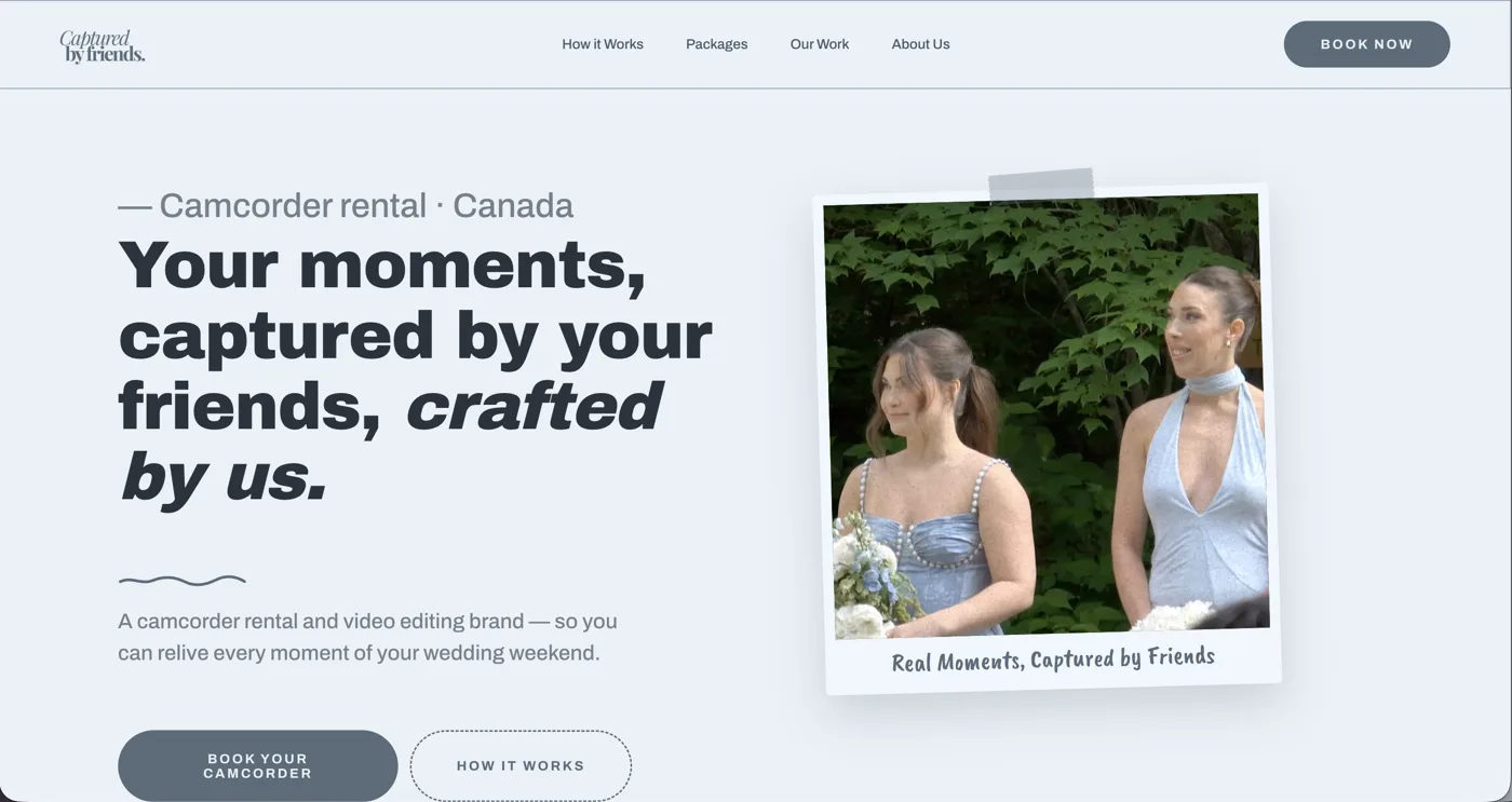 The Why Choose CBF section: a huge bold sans-serif headline reading the wedding video is almost always the first thing cut from the budget, next to a column of benefit items.